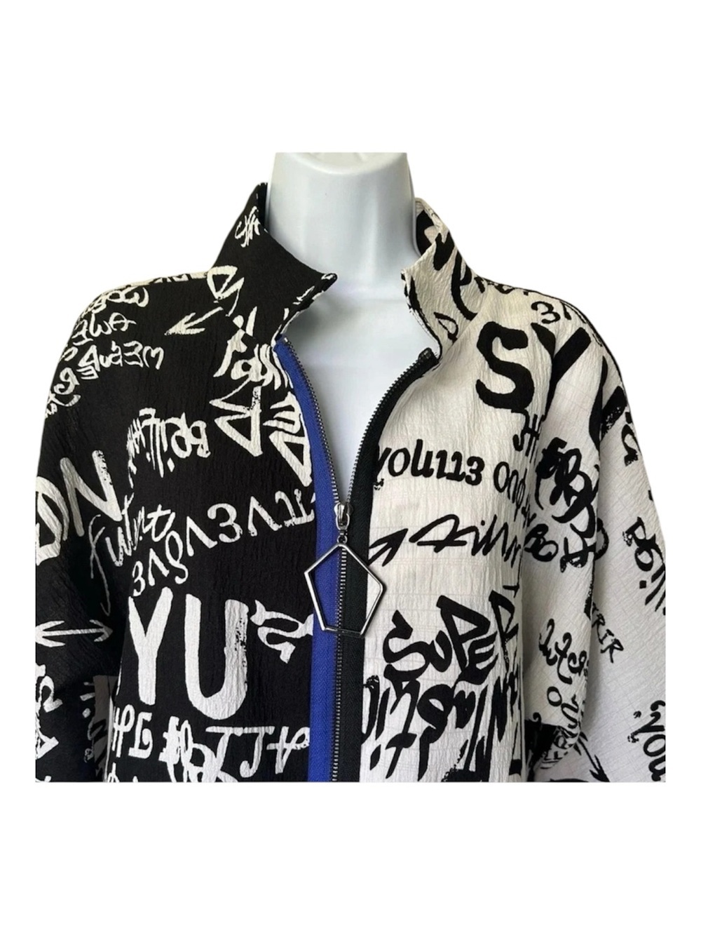IC Connie K black white typography print front zip jacket 3/4 sleeves S - Picture 6 of 12